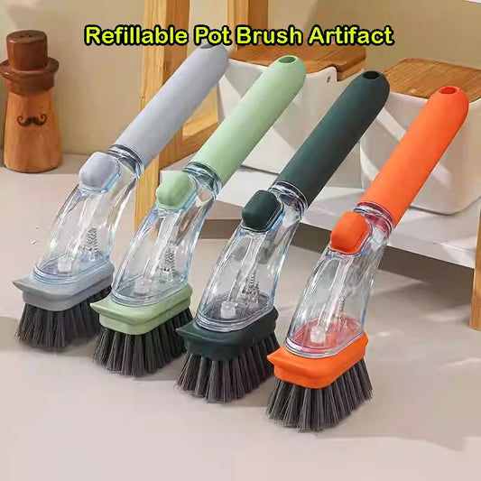 Kitchen Bowl Scrubber Cleaning Sponge Refillable Liquid Cleaning Brush Long Handle Dispenser Cleaner Tool Pot Brush Artifact