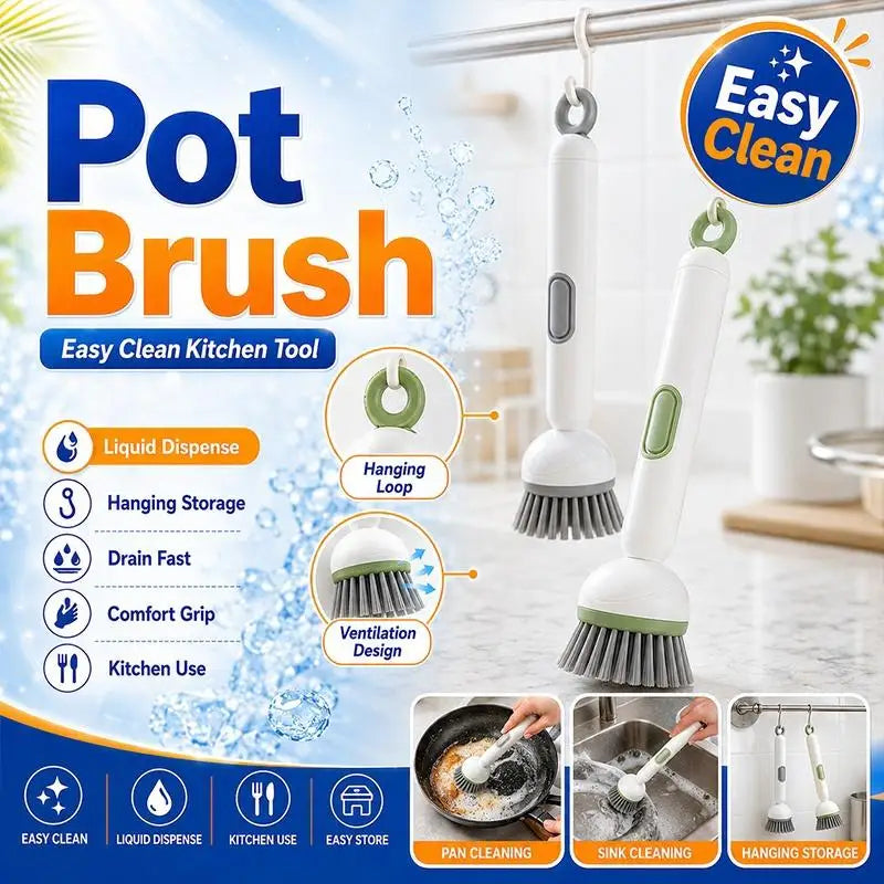 Long Handle Dish Brush With Soap Dispenser Rotating Bristle Scrubber Labor Saving Cleaning Tool Pot Pan Sink Household Washing