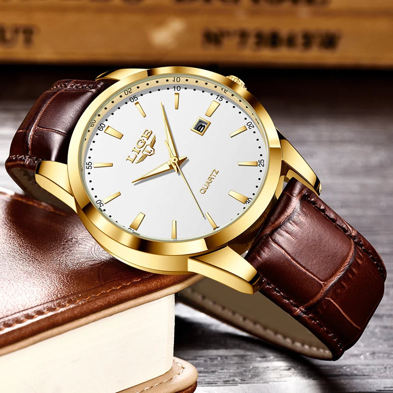 LIGE Sports Watch For Men Fashion Business Leather Quartz Men's Watches Waterproof Luminous Chronograph Relogios Masculino+BOX