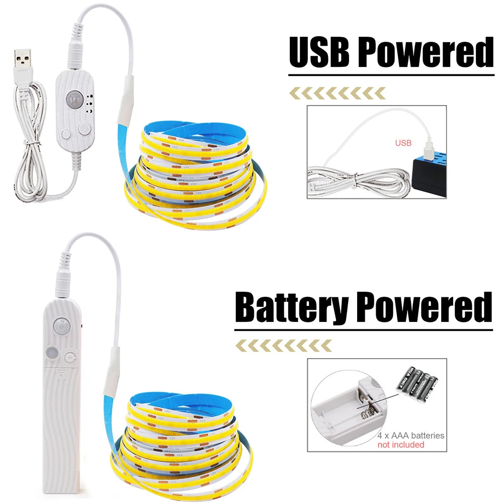 5V Motion Sensor Nigth Light COB Led Strip USB Battery Power 3mm 5mm 8mm PCB 320 LEDs Flex Lamp for Under Cabinet Kitchen Stairs
