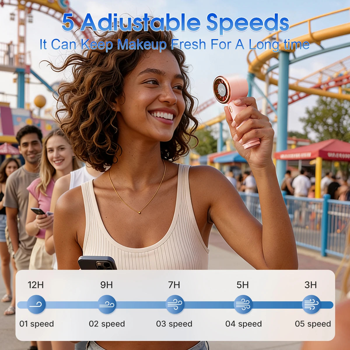 Sleek Handheld Fan Portable Rechargeable Fan 2000mAh 5 Speed Adjustable Modern Design Strong Airflow Personal Cooling Fan