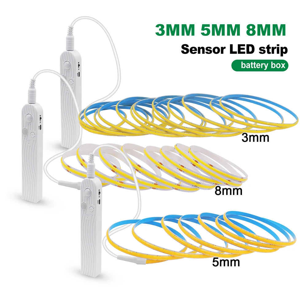 5V Motion Sensor Nigth Light COB Led Strip USB Battery Power 3mm 5mm 8mm PCB 320 LEDs Flex Lamp for Under Cabinet Kitchen Stairs