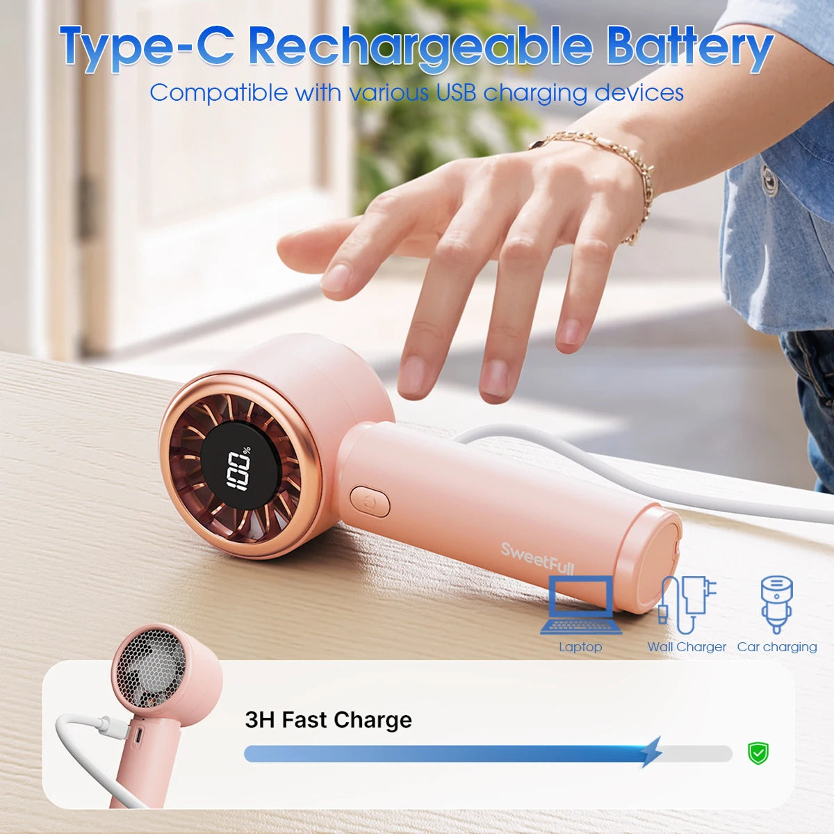 Sleek Handheld Fan Portable Rechargeable Fan 2000mAh 5 Speed Adjustable Modern Design Strong Airflow Personal Cooling Fan