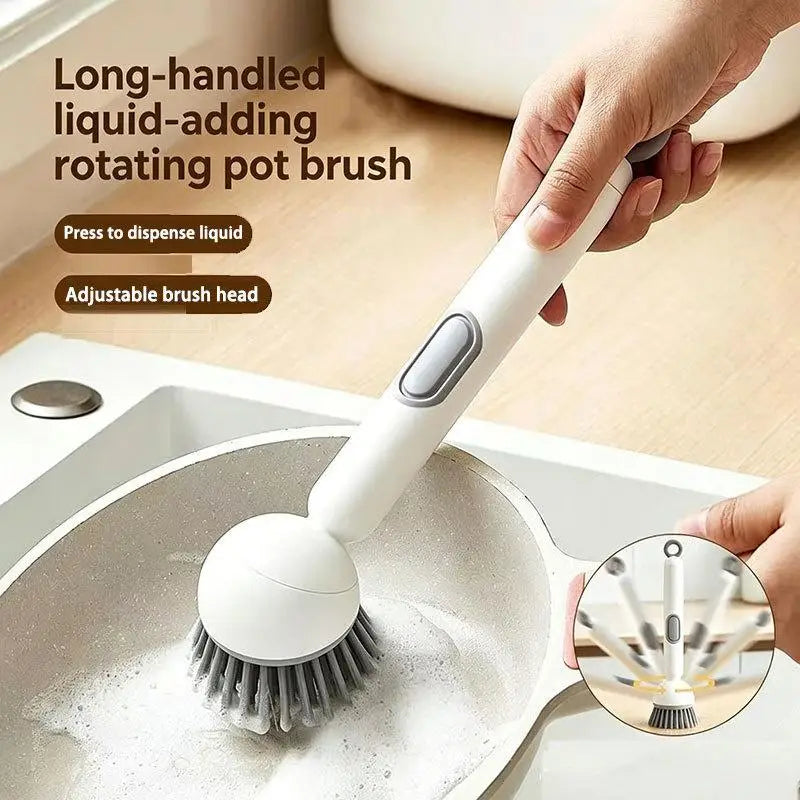 Long Handle Dish Brush With Soap Dispenser Rotating Bristle Scrubber Labor Saving Cleaning Tool Pot Pan Sink Household Washing