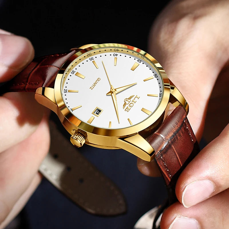 LIGE Sports Watch For Men Fashion Business Leather Quartz Men's Watches Waterproof Luminous Chronograph Relogios Masculino+BOX