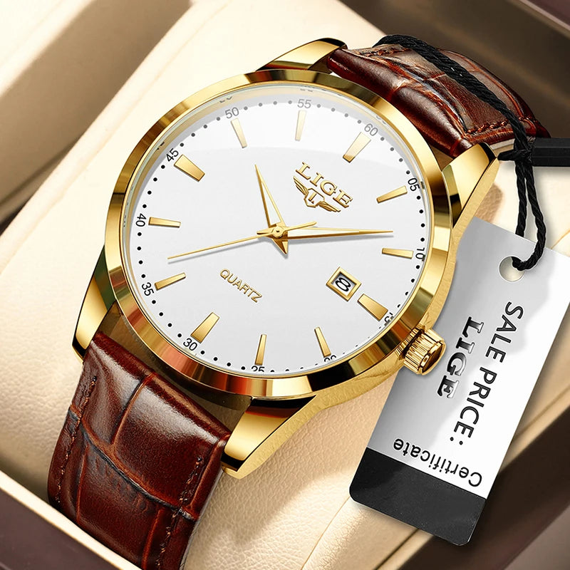 LIGE Sports Watch For Men Fashion Business Leather Quartz Men's Watches Waterproof Luminous Chronograph Relogios Masculino+BOX