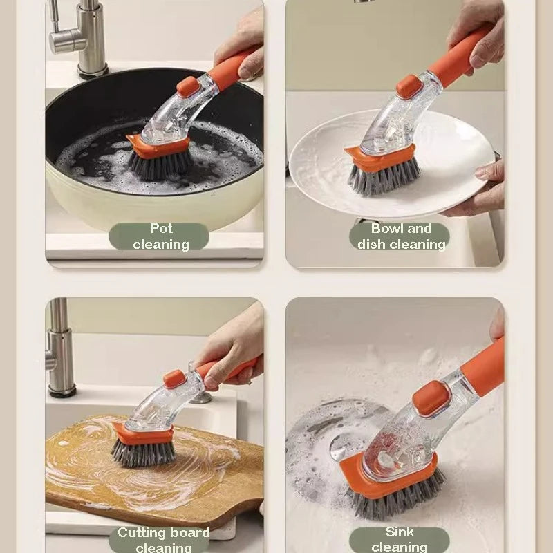 Kitchen Bowl Scrubber Cleaning Sponge Refillable Liquid Cleaning Brush Long Handle Dispenser Cleaner Tool Pot Brush Artifact